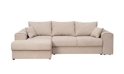 Large beige sofa with pillows, isolated on white background