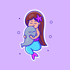 Cute cartoon little mermaid with seal in vector illustration. Isolated human vector. Flat cartoon style