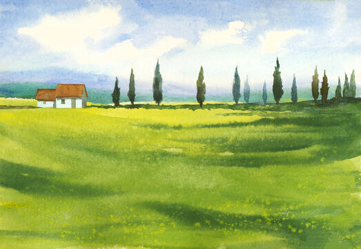 Landscape with houses, watercolor illustration with tuscany trees, blue sky and green grass