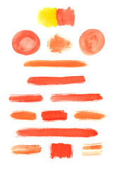 Collection of the watercolor red and orange brush strokes, blots, and stains. 