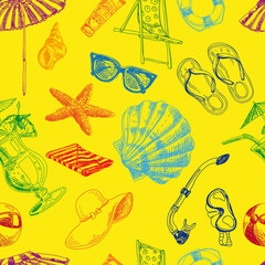 Summer beach seamless modern background, retro hand drawn vector illustration.