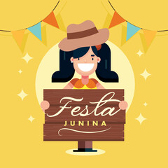 Sao joao brazil festa junina traditional festival girl with template banner poster vector
