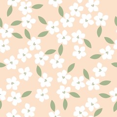 Seamless vintage pattern. white flowers, green leaves. light beige  background. vector texture. fashionable print for textiles, wallpaper and packaging.