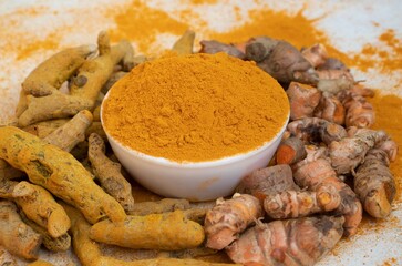 Closeup of Turmeric Powder in White Bowl Surrounded by Organic Raw and Dry Turmeric Roots In Horizontal Orientation
