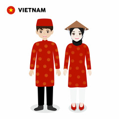 Couple of cartoon characters in Vietnam traditional costume vector illustration