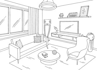 Living room graphic black white home interior sketch illustration vector 