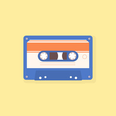Blue vintage plastic audio cassettes tape vector illustration. Old technology, realistic retro design.