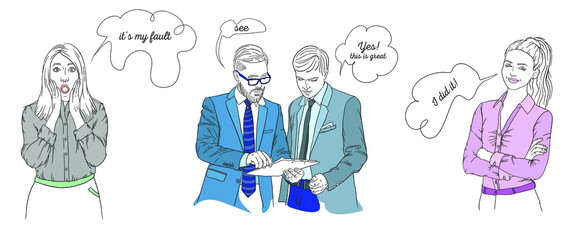 Situations at work, different emotions of specialists. Joyful employees and distressed. 