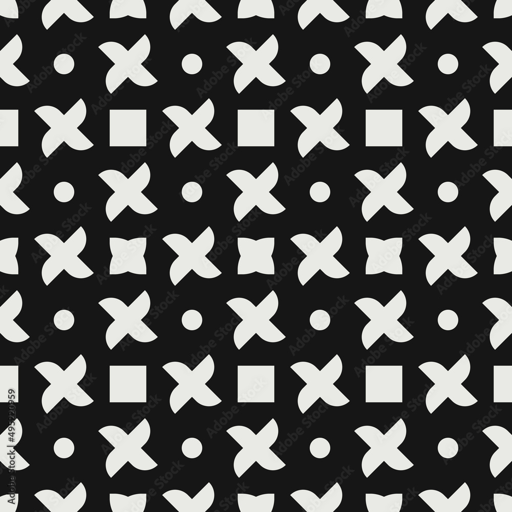 Poster White squares, objects and dots on a black background. Vector.