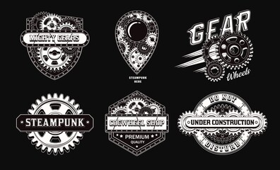 Obraz premium Set of monochrome vintage label with gear wheels, metal rails, rivets, text. White emblems in steampunk style on black background. Good for craft design.