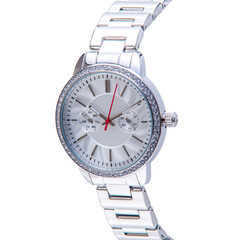 Wrist watch is stainless steel on white background.
