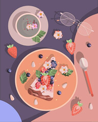 Cartoon food illustration.Waffels with strawberries and jam.Food menu design. Vintage hand drawn sketch vector illustration