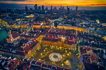 Beautiful panoramic aerial drone skyline sunset view of the Warsaw City Centre with skyscrapers of...