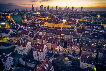 Beautiful panoramic aerial drone skyline sunset view of the Warsaw City Centre with skyscrapers of...