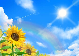 虹と雲のある青空に飛行機雲ー太陽の下美しいひまわりが咲く初夏フレーム背景素材