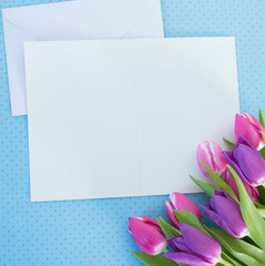 white card and envelope on blue ground with tulips with space for text