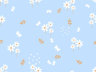 Seamless pattern with daisy flower, branch and butterflies on blue background vector illustration.