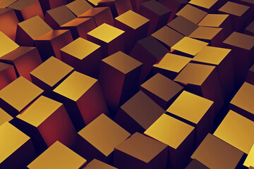 Gold cubes, abstract background, chaotic geometric shapes, 3D rendering toned