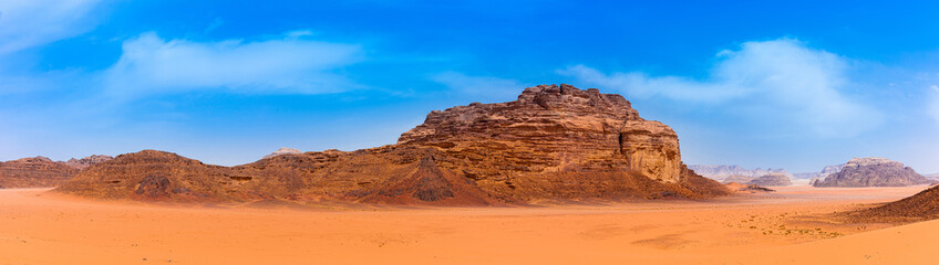 Sands and mountains of Wadi Rum desert in Jordan, beautiful daytime landscape