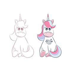 Coloring book page of cute unicorn outline cartoon