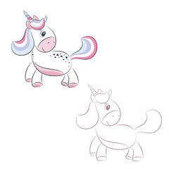 Cute cartoon unicorns. Black and white and colored vector for coloring book, unicorn print and poster
