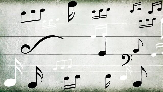 Music notes on vintage paper pulsing dynamic background cartoon animation. Good for videoclip, fairy tales or illustrating music. Long seamless loop and alpha channel included. White and black notes.