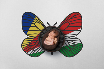 Tiny baby portrait with wings in color of national flag. Newborn photography concept. Seychelles