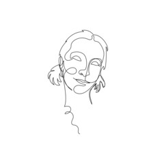 Female face single line drawing. Portrait of young beautiful girl line art.