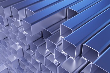 Metal aluminium white square pipes, square section rolled metal, abstract industrial illustration for construction, elements in a stack, 3D rendering