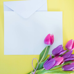 white card and envelope on yellow ground with pink tulips with space for text