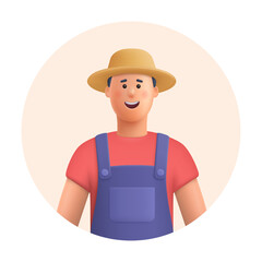 Young smiling man farmer. Agricultural worker. Gardening, farming, professional occupation concept. 3d vector people character illustration.Cartoon minimal style.