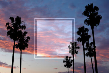 Hot summer sunrise travel and adventure- theme blank. Frame on Malibu landscape background