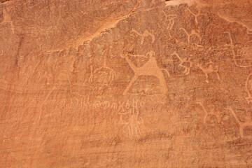 Ancient drawings in the Wadi Rum Desert, Jordan. rock painting