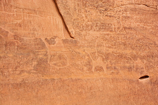 Ancient drawings in the Wadi Rum Desert, Jordan. rock painting