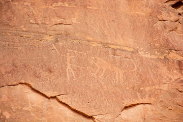 Ancient drawings in the Wadi Rum Desert, Jordan. rock painting