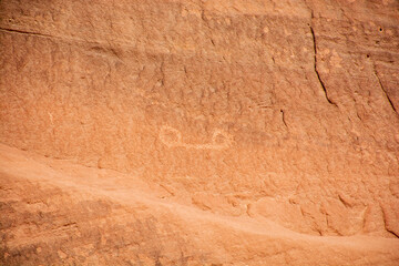 Ancient drawings in the Wadi Rum Desert, Jordan. rock painting