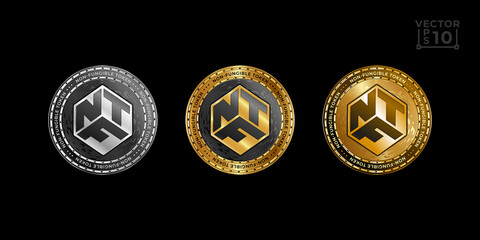 Vector gold coins set with NFT logo engraving. Virtual golden and platinum coin design for blockchain and cryptocurrency exchange or crypto art.