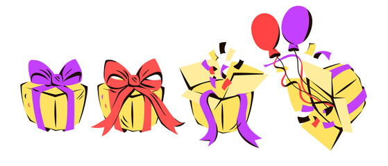 Gift boxes set with ribbons and balloons, flat cartoon vector illustration isolated on white background. Present or surprise box. Birthday gift and bonus.