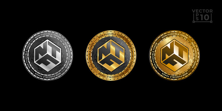 Vector gold coins set with NFT logo engraving. Virtual golden and platinum coin design for blockchain and cryptocurrency exchange or crypto art.