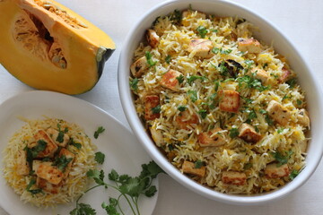 Pumpkin cottage cheese rice. One pot rice preparation with basmati rice, grated pumpkin and spices,...