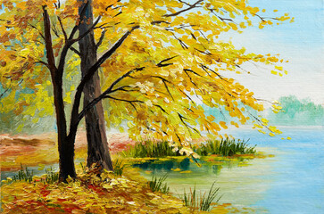 Oil painting - colorful autumn forest and lake