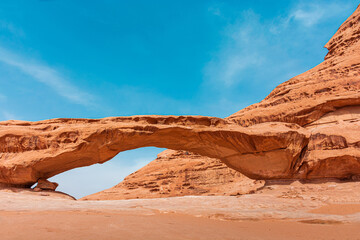 Sands and mountains of Wadi Rum desert in Jordan, beautiful daytime landscape