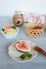 Healthy homemade meal. Mushi Pan with Big Fresh Juicy Figs with Drip Coffee.