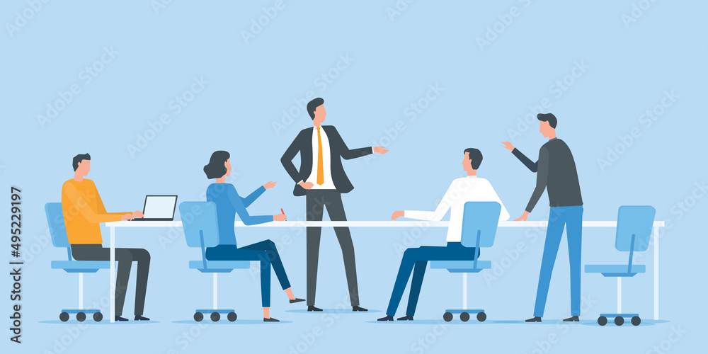 Poster flat vector group business team meeting for project brainstorming concept