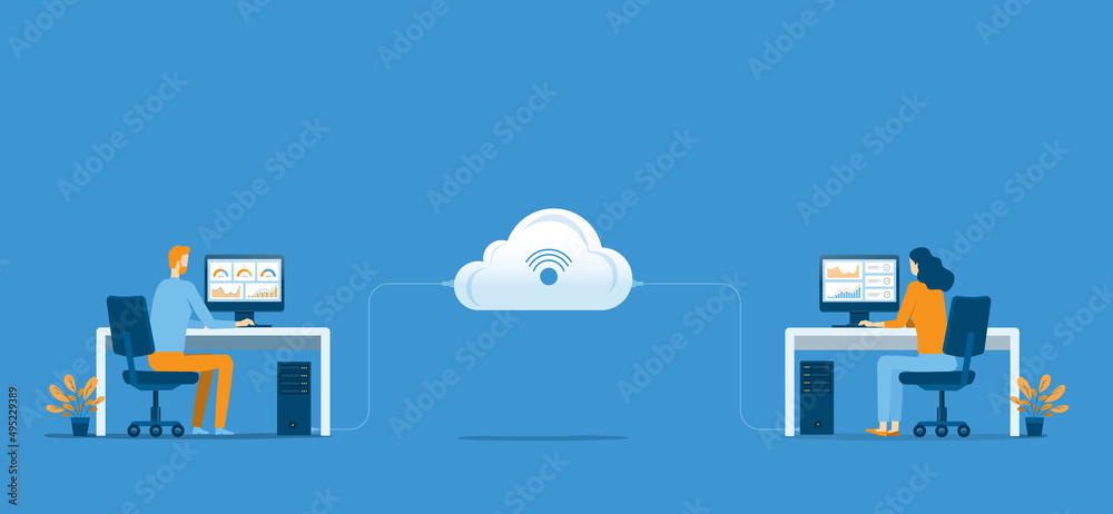 Poster business technology cloud computing storage server service connect concept with administrator and developer team working concept