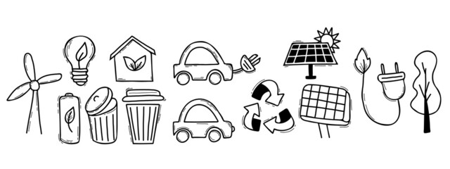 Ecology concept. Linear icons style vector illustration doodle drawing isolated on white background. Reduce, go green, reuse, refuse, Green energy, ecological lifestyle