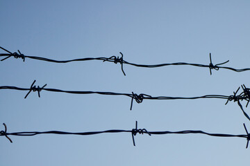barbed wire against the blue sky. Chain with spike for safety and security boundary concept for...