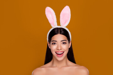 Photo of lovely asian easter hare lady open mouth omg facial expression sale decorative cosmetics...