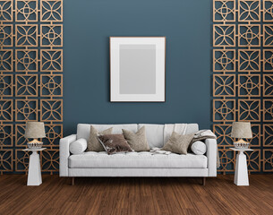 living room with sofa, lamp and coffee table. Decorative partition made of bronze