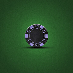 Black poker chip, on a dark green background. Gambling.